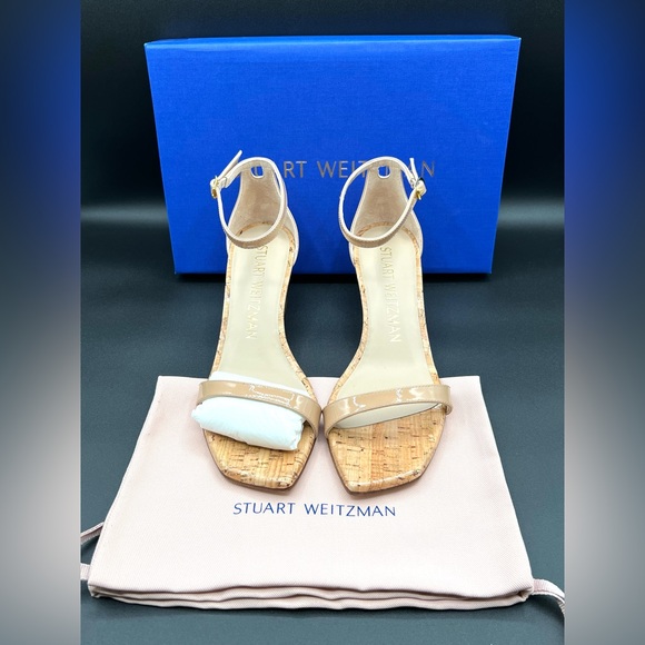 STUART WEITZMAN Nudistcurve 50 Nude Patent Leather Wedge Sandals Shoes US 8 $395 - Picture 1 of 11